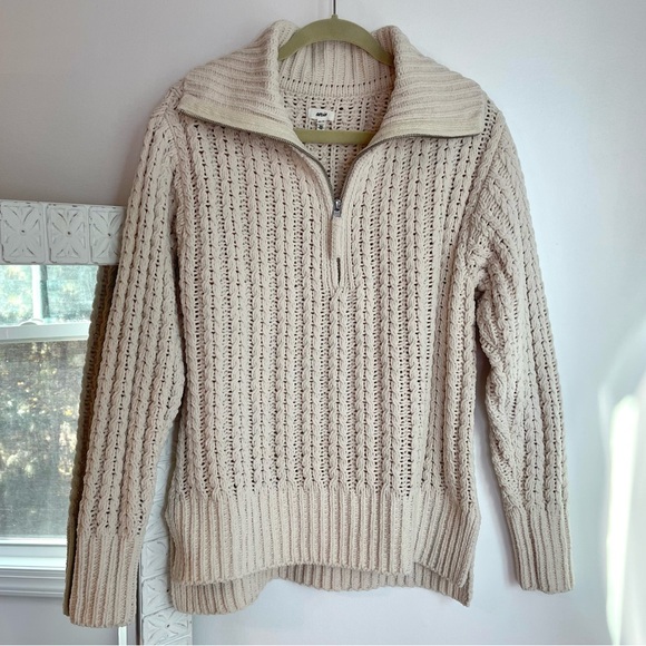 Aerie Cream Cable Car Quarter Zip Oversized Soft Knit Chenille Sweater - Picture 5 of 13